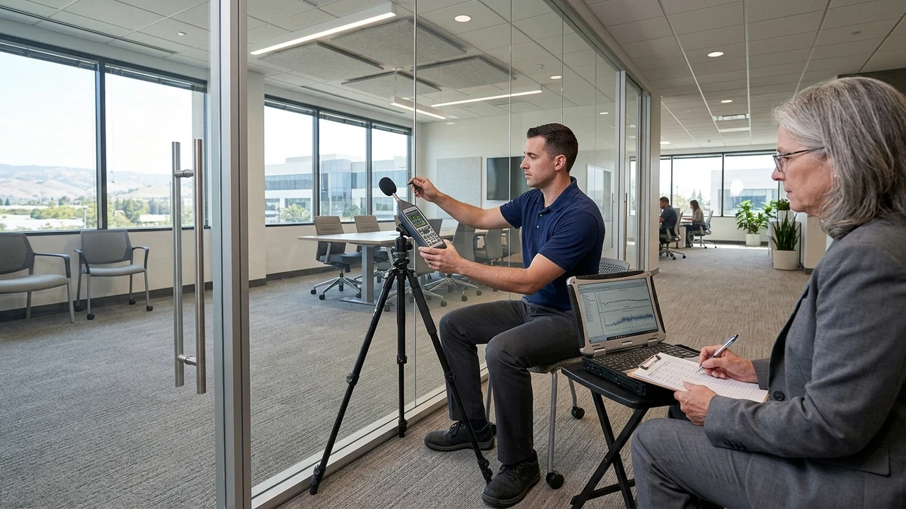 Acoustic engineer in plain navy shirt using precision digital sound level analyzer on tripod to test speech privacy at glass office wall