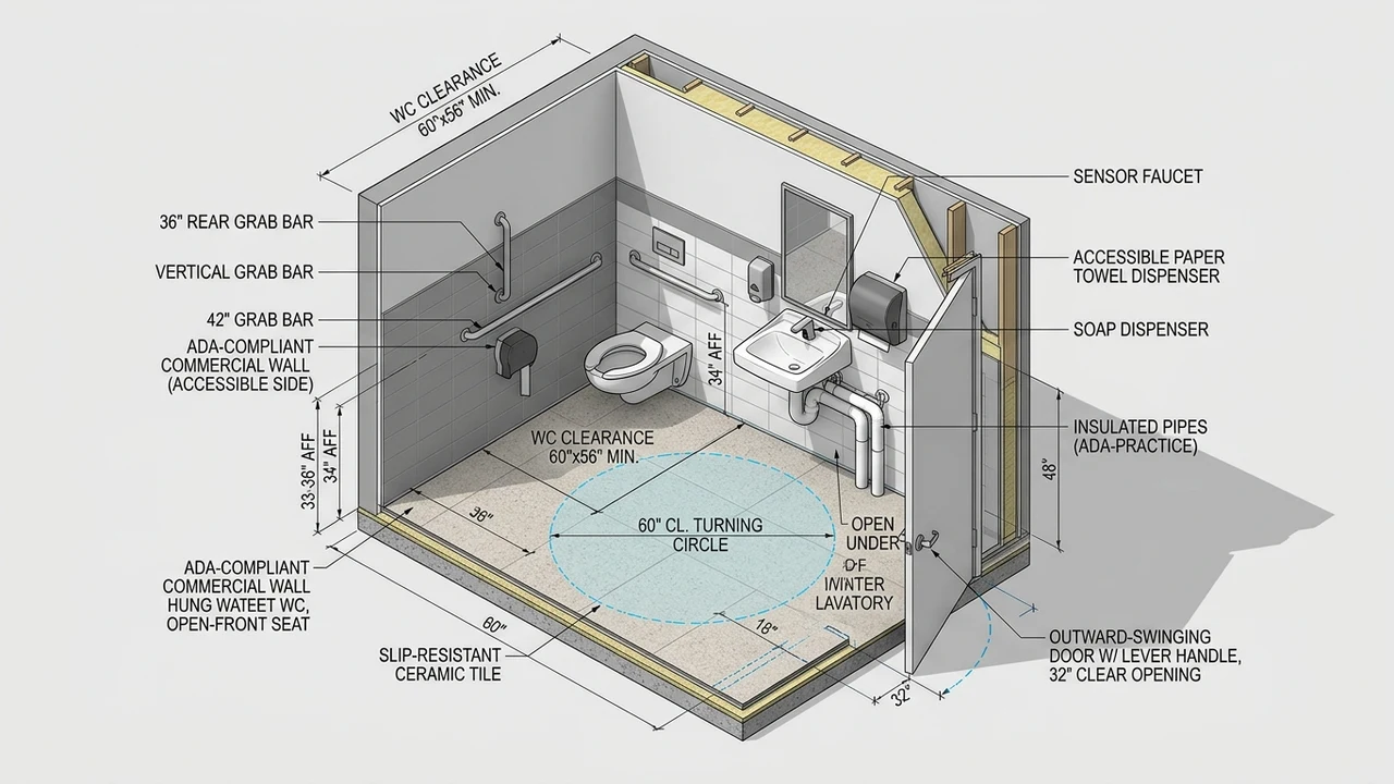 3D isometric architectural cutaway diagram of ADA Title III commercial restroom clearances grab bars and lavatory pipe insulation