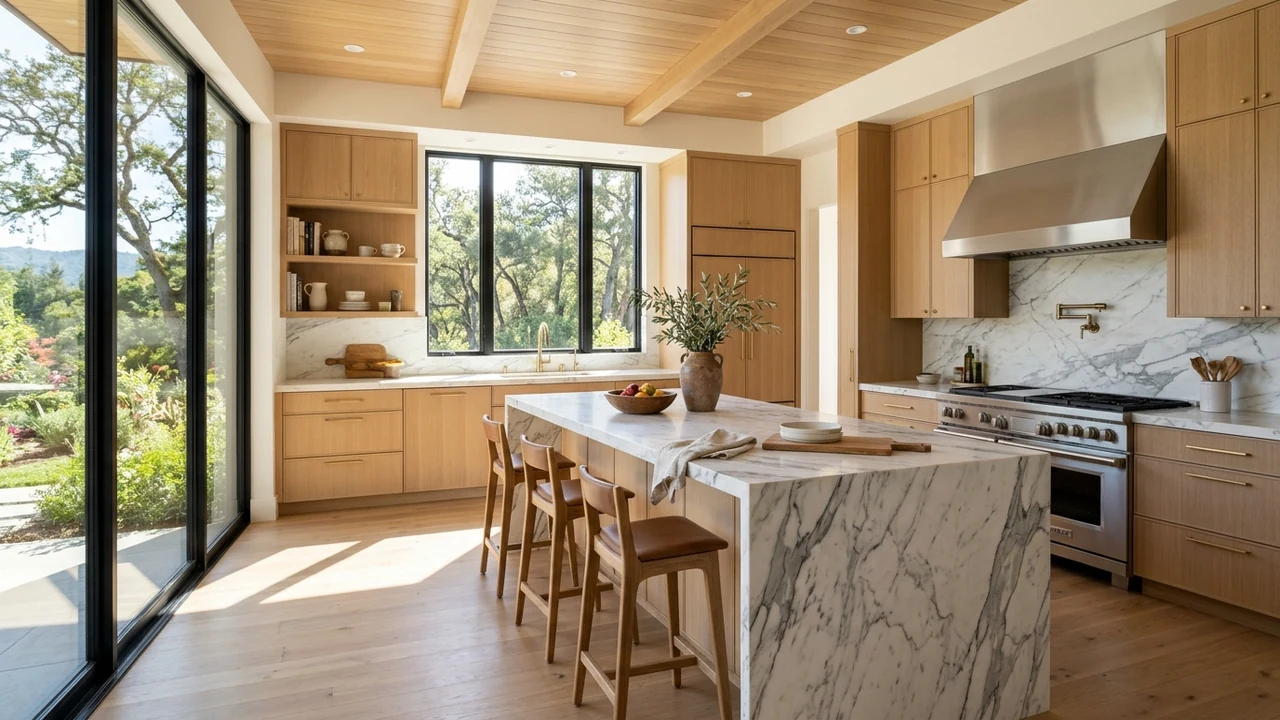Luxury custom kitchen remodel in Northern California with rift-cut white oak flush-inset cabinetry and marble island