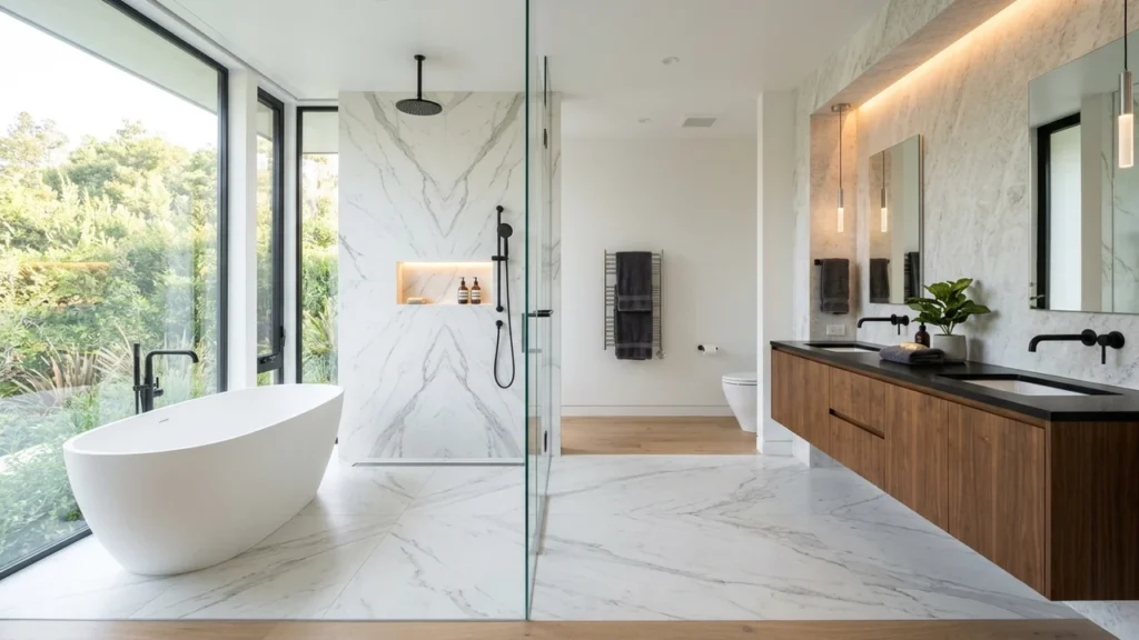 Luxury primary bathroom suite in the Bay Area with zero-threshold curbless glass shower and linear trench drain