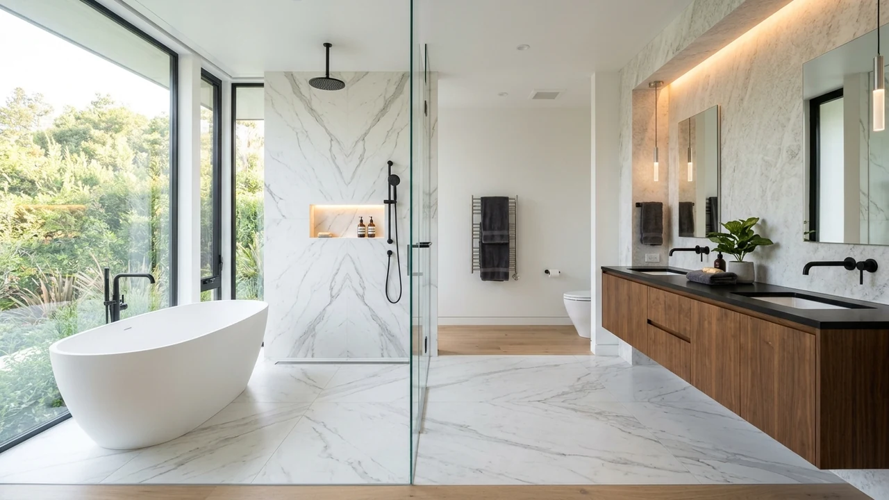 Luxury primary bathroom suite in the Bay Area with zero-threshold curbless glass shower and linear trench drain