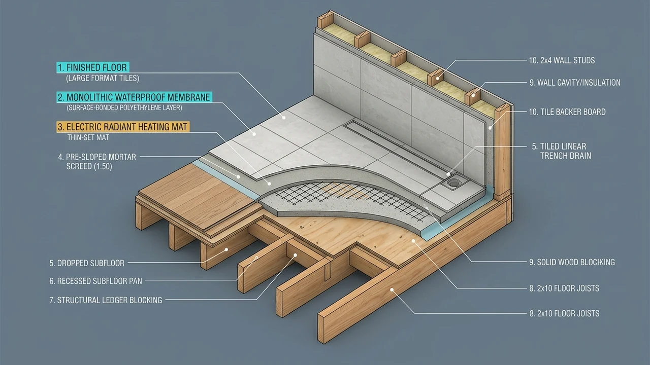 3D structural and waterproofing cross-section diagram of a zero-threshold curbless shower