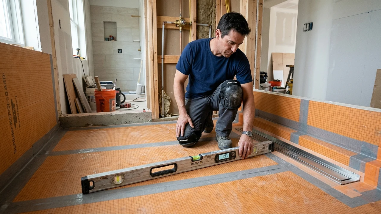 California tile and waterproofing specialist checking 2-percent slope on a curbless shower pan with digital level