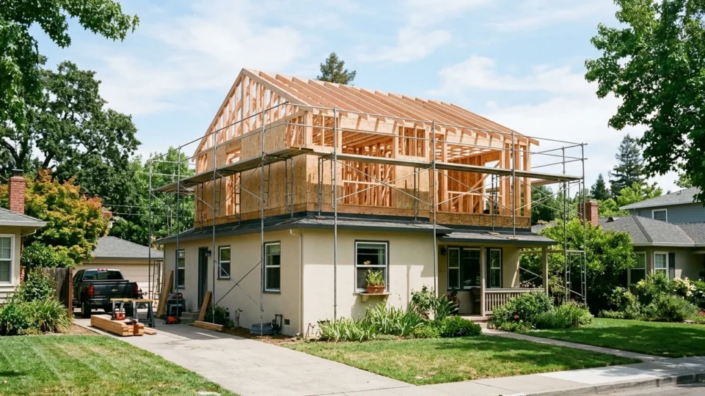 Single-family California residence with a newly framed wood-stud and OSB shear-wall second-story addition rising above the existing first floor