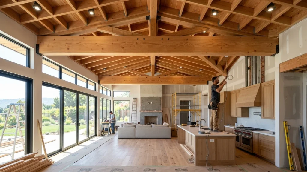 Architectural interior view of a California great room remodel showing a massive exposed Douglas Fir glulam beam spanning open kitchen living space