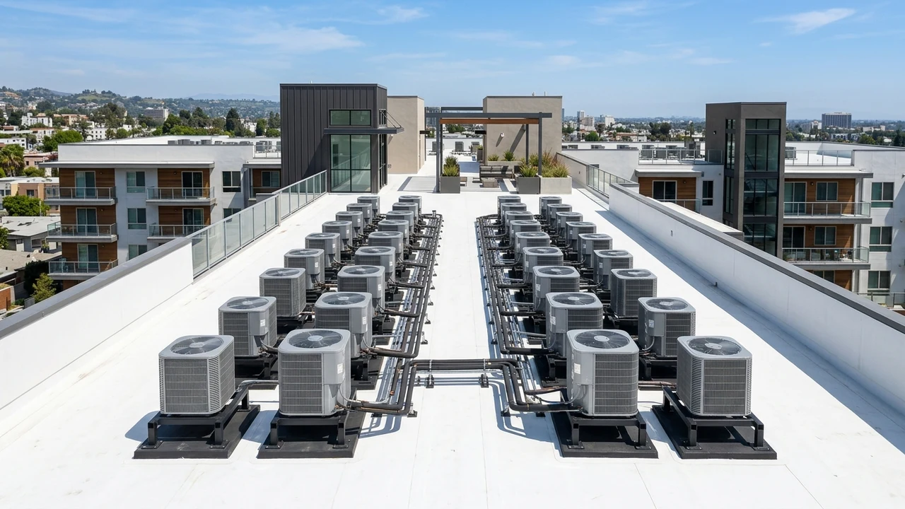 Modern California multifamily apartment complex rooftop with white reflective cool-roof membrane and heat pumps