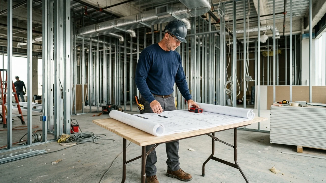 Commercial general building contractor in unbranded navy shirt verifying dimensions with laser distance meter and architectural plans