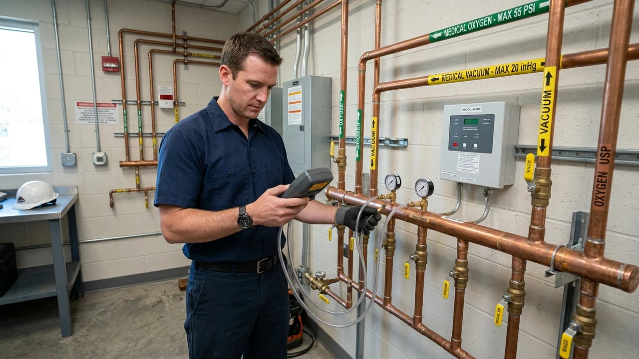 Commercial MEP technician in plain navy shirt testing medical gas and vacuum manifold pressure gauges with digital manometer