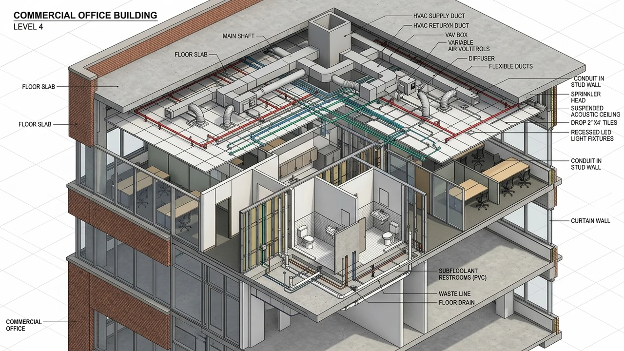 3D isometric architectural cutaway diagram of commercial tenant improvement mechanical ductwork electrical conduits and ADA plumbing
