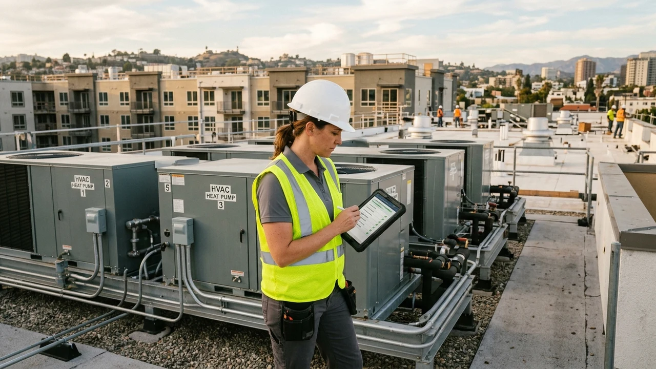 Construction project manager in plain grey polo and safety vest auditing HVAC heat pumps on multifamily rooftop