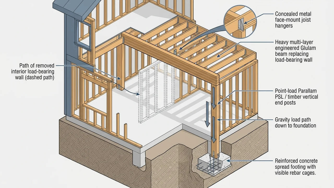 3D architectural cutaway diagram illustrating load-bearing wall removal, glulam beam joist hangers, Parallam posts, and rebar concrete footings