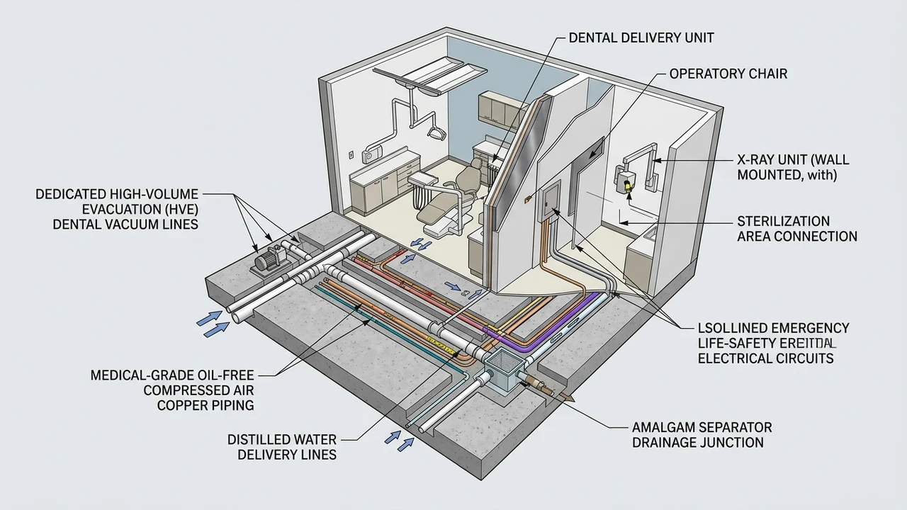 3D mechanical cutaway diagram of medical dental clinic subfloor vacuum copper piping amalgam separator and radiation shielding