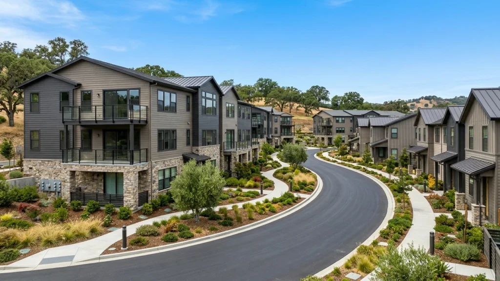 Architectural exterior photograph of renovated modern California HOA condominium and townhome community with lap siding and balconies
