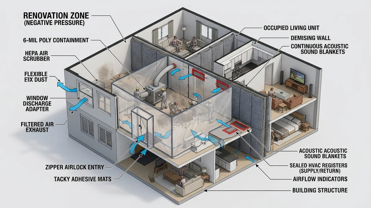 3D cutaway schematic diagram of occupied apartment renovation negative air pressure containment HEPA scrubber and sound blankets