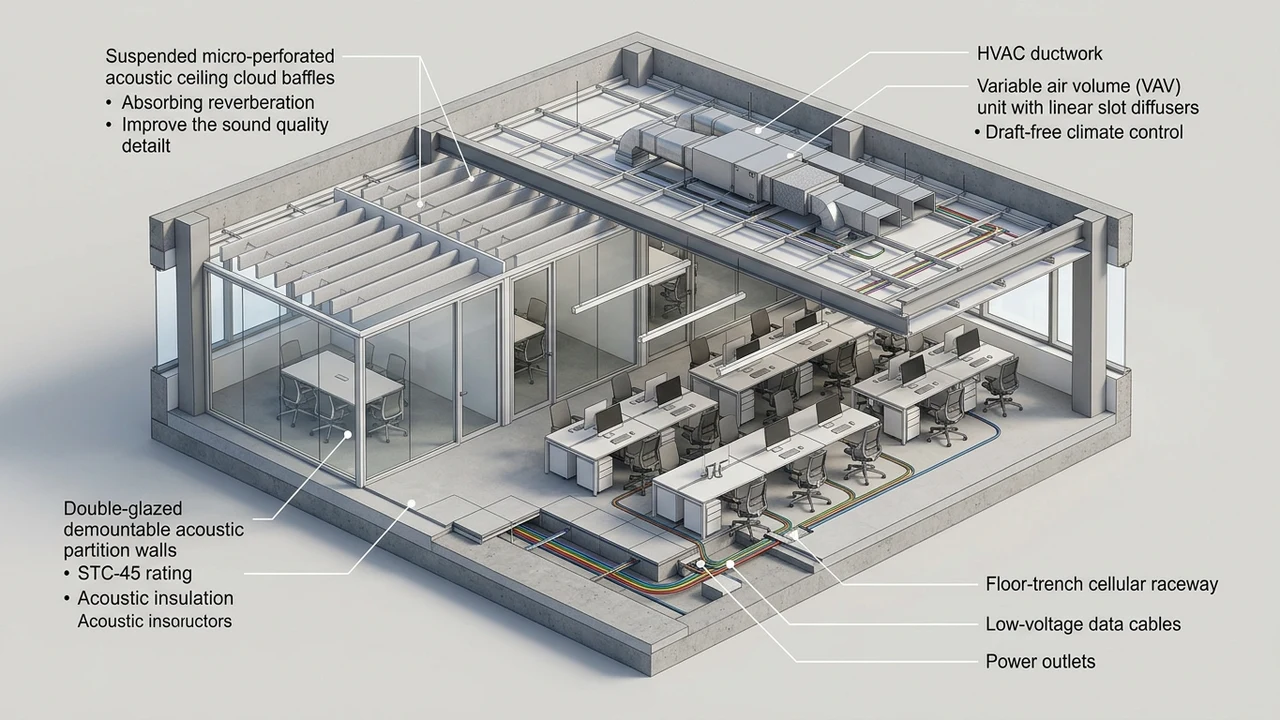 3D architectural cutaway diagram of open-concept office acoustic ceiling cloud baffles STC glass partitions and floor cellular raceway