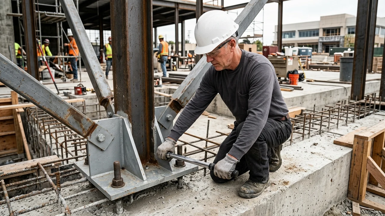 Special structural inspector in plain charcoal shirt and white hard hat verifying epoxy anchor bolt torque on steel base plate with wrench